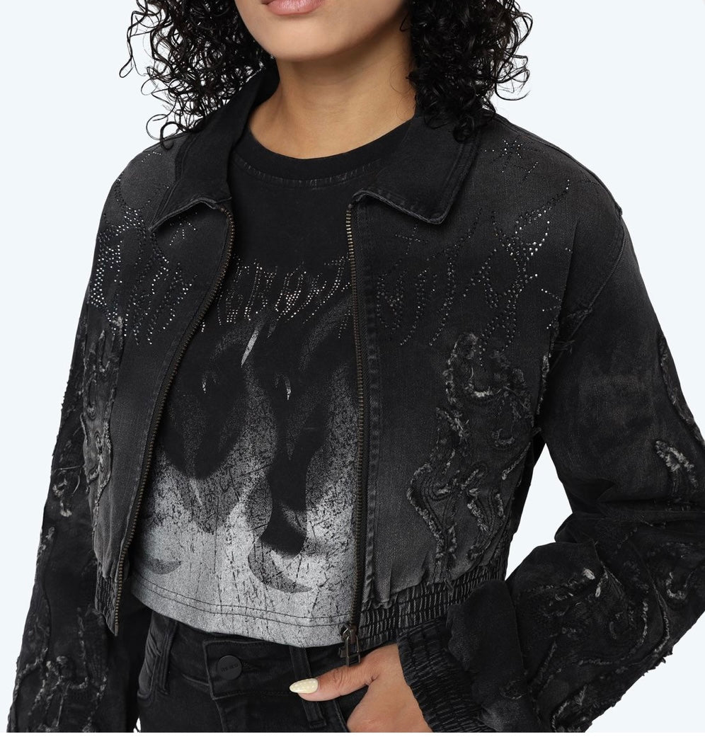 Black Denim Rhinestone Coat