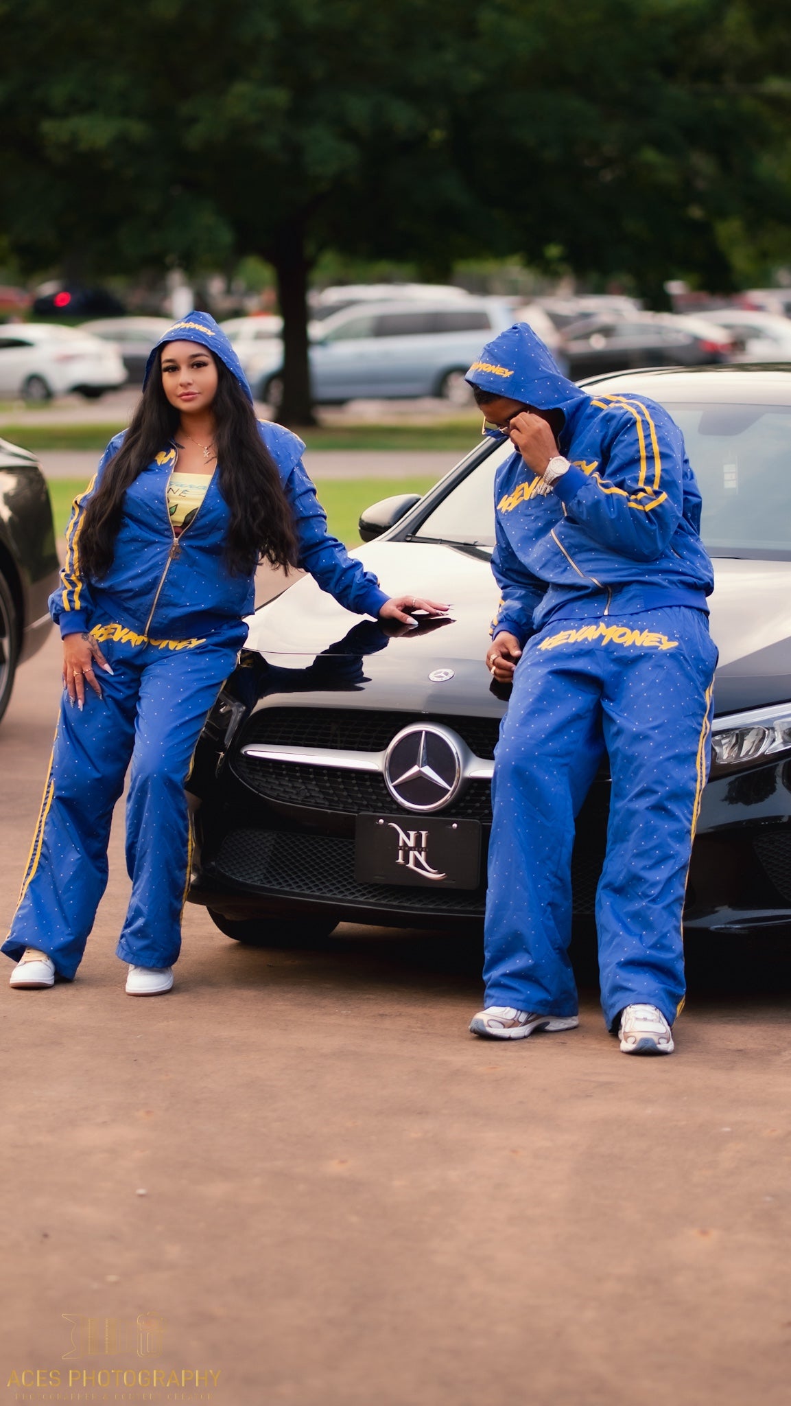 4EvaMoney Royal Blue Rhinestone Windbreaker Hoodie + Pants