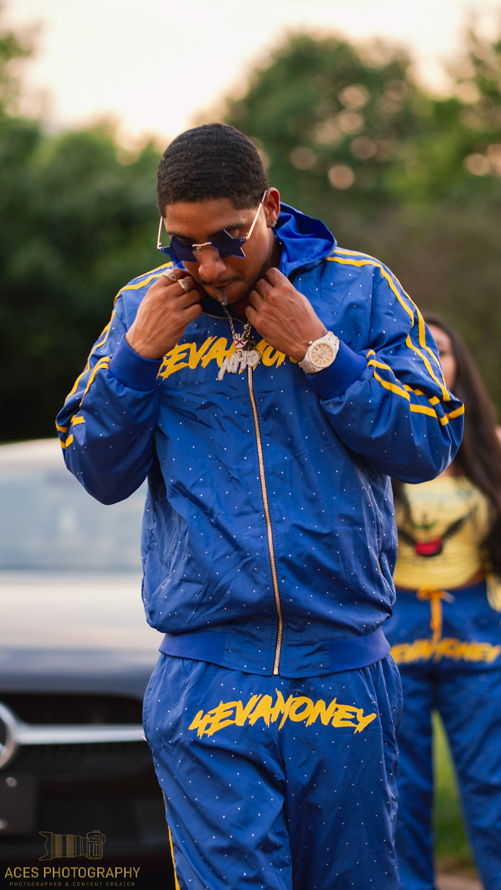 4EvaMoney Royal Blue Rhinestone Windbreaker Hoodie + Pants