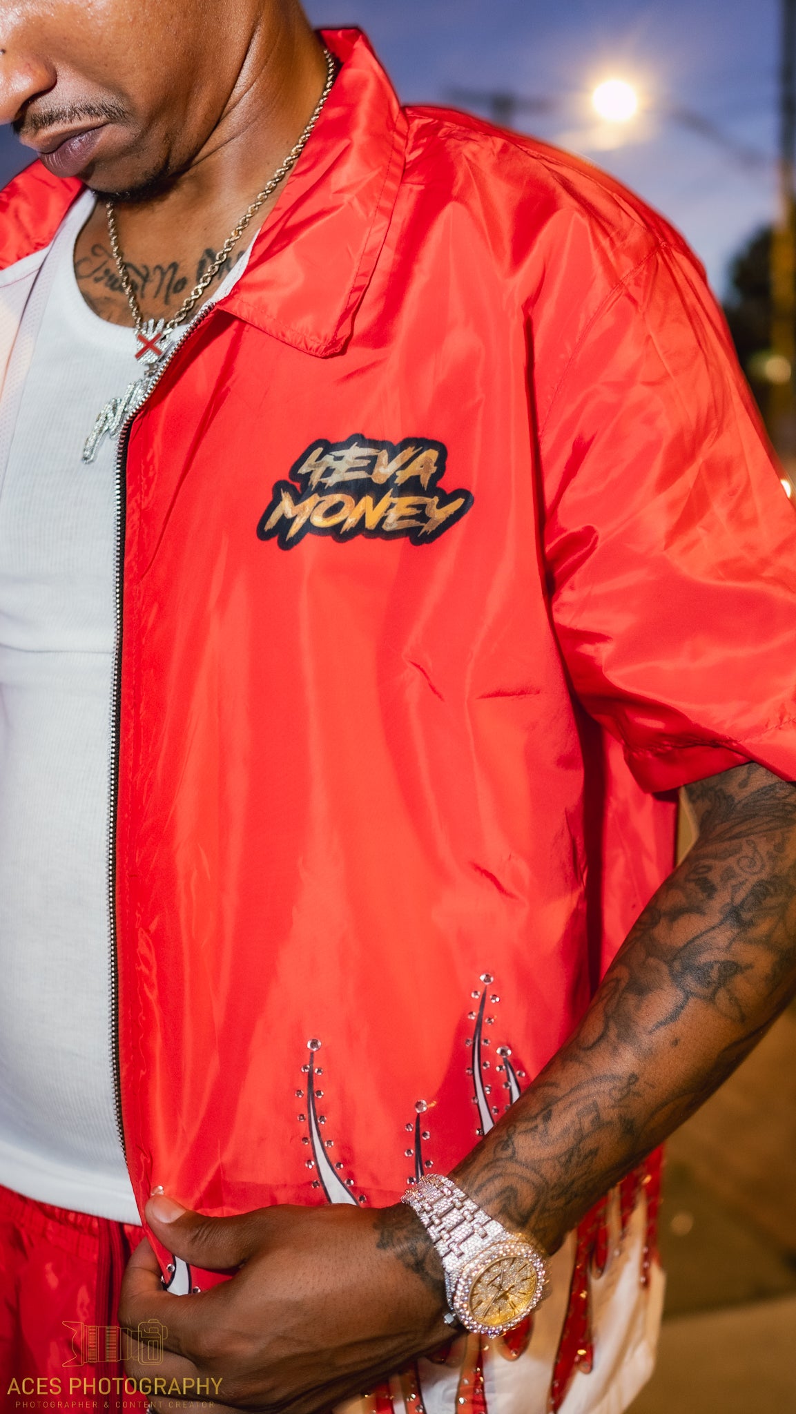 4EvaMoney Windbreaker Flame Rhinestone 2 Piece Set