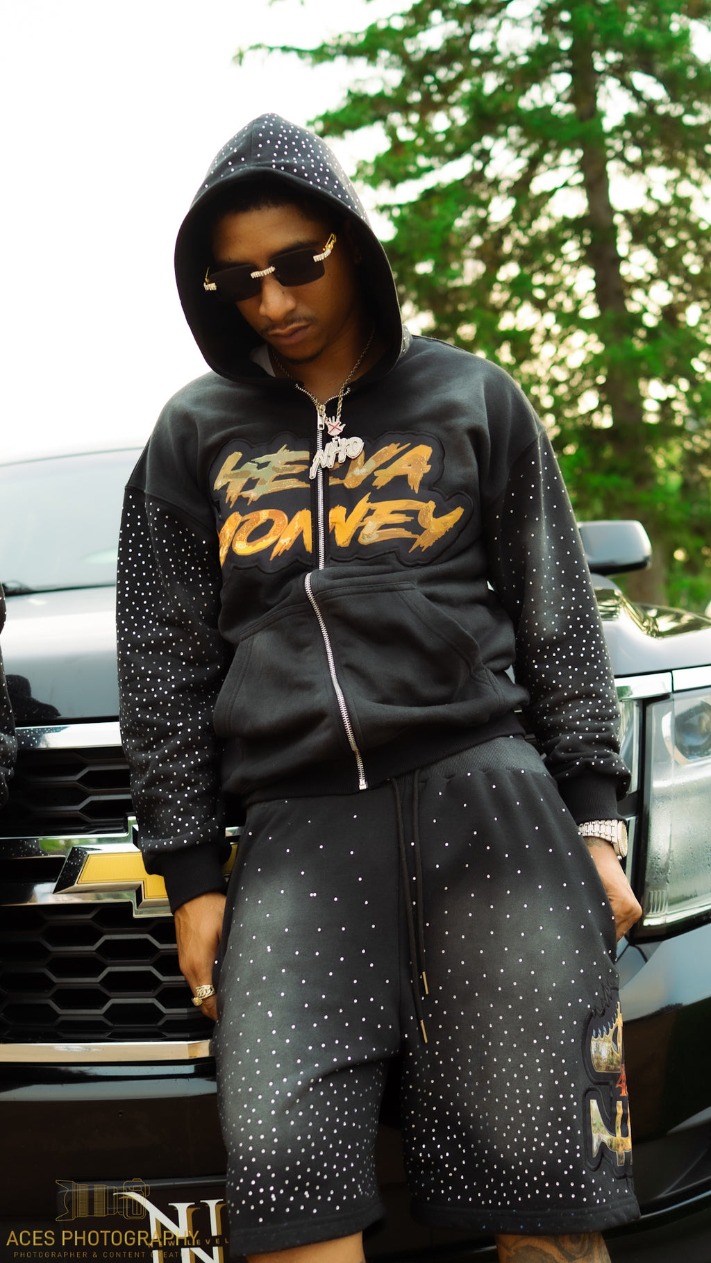 4EvaMoney French Terry Cloth Rhinestone Shorts ONLY