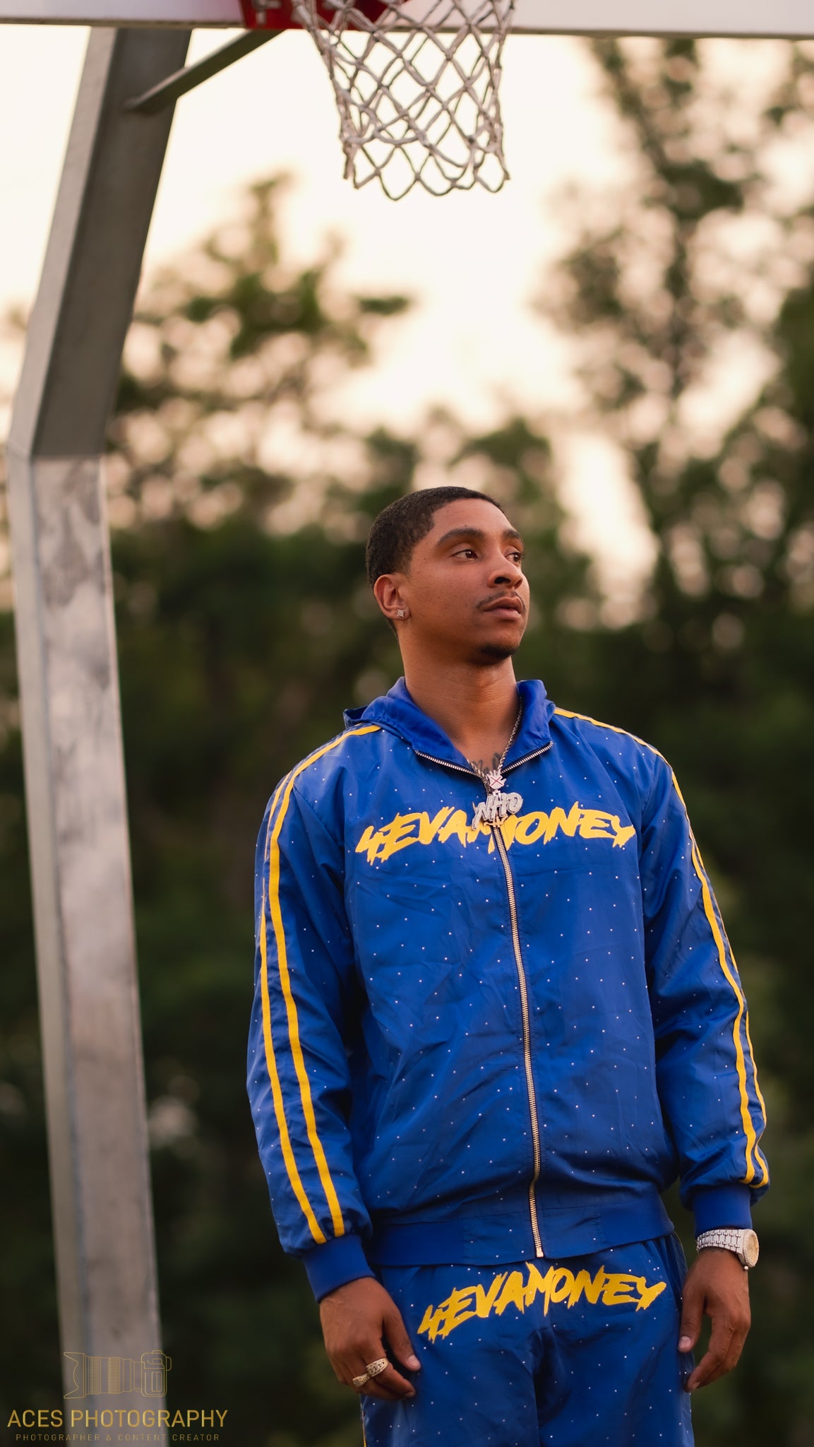 4EvaMoney Royal Blue Rhinestone Windbreaker Hoodie + Pants