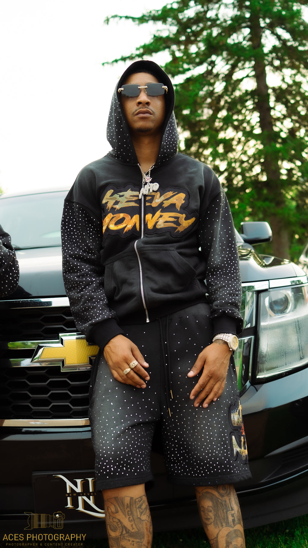 4EvaMoney French Terry Cloth Rhinestone Shorts ONLY