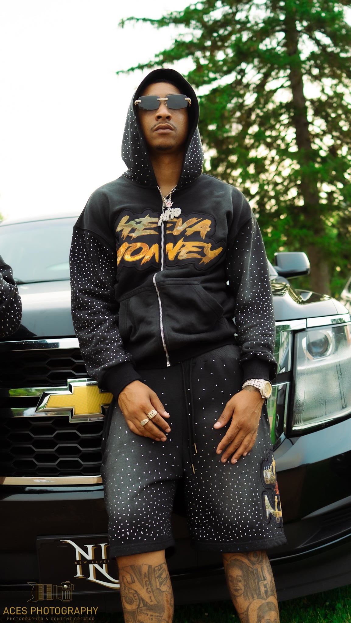 4EvaMoney French Terry Cloth Rhinestone Shorts ONLY