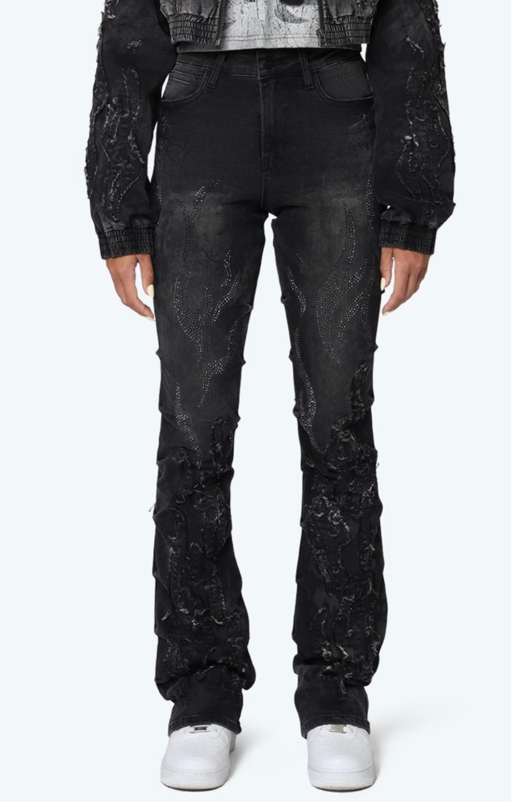 Flame Rhinestone Stacked Jeans