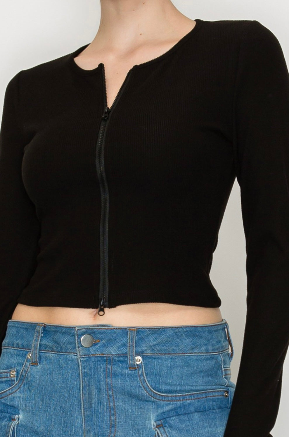 Zippered Ribbed Long Sleeve Shirt