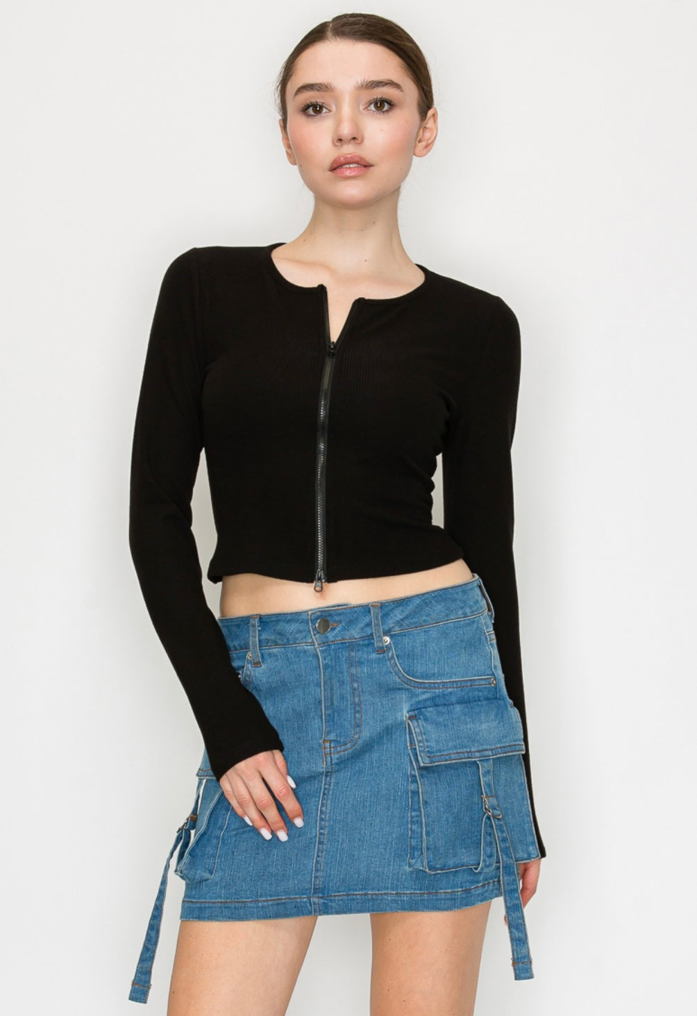 Zippered Ribbed Long Sleeve Shirt