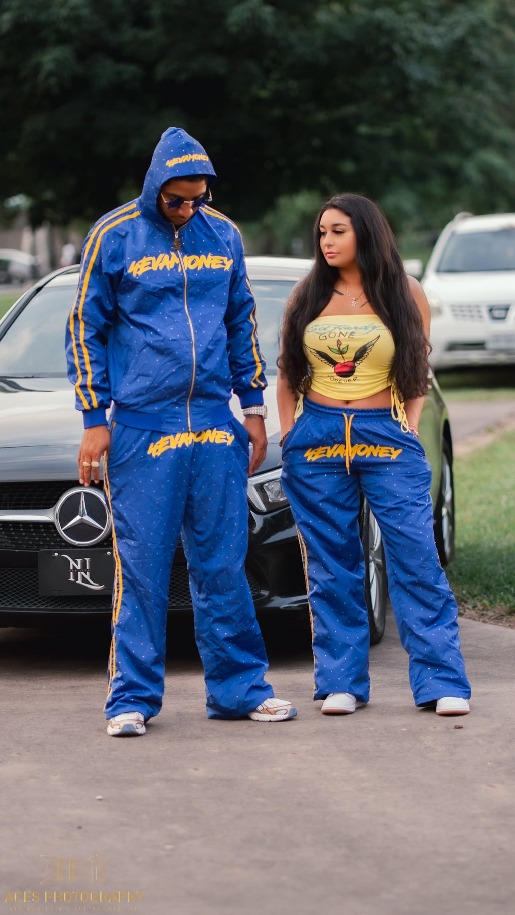 4EvaMoney Royal Blue Rhinestone Windbreaker Hoodie + Pants