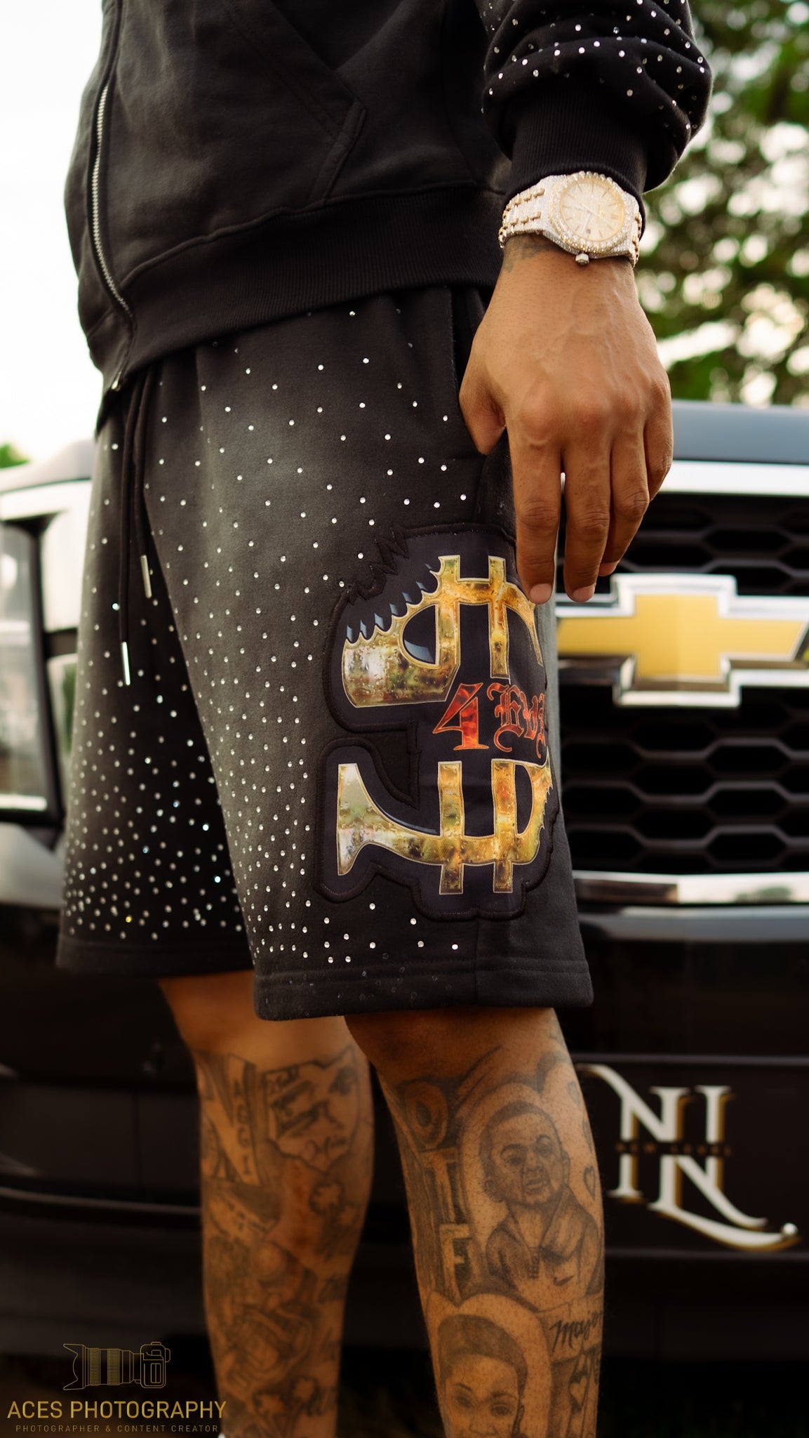 4EvaMoney French Terry Cloth Rhinestone Shorts ONLY