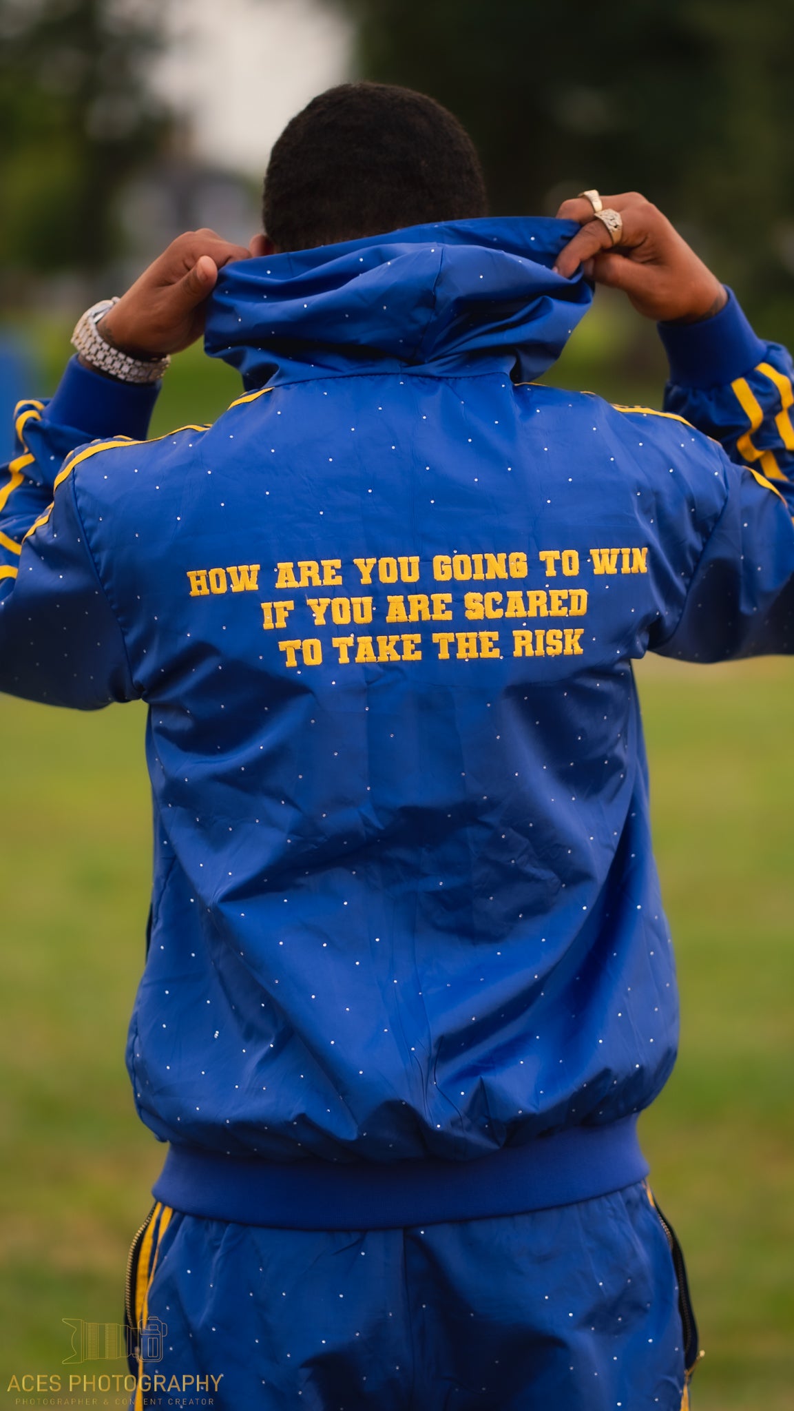 4EvaMoney Royal Blue Rhinestone Windbreaker Hoodie + Pants