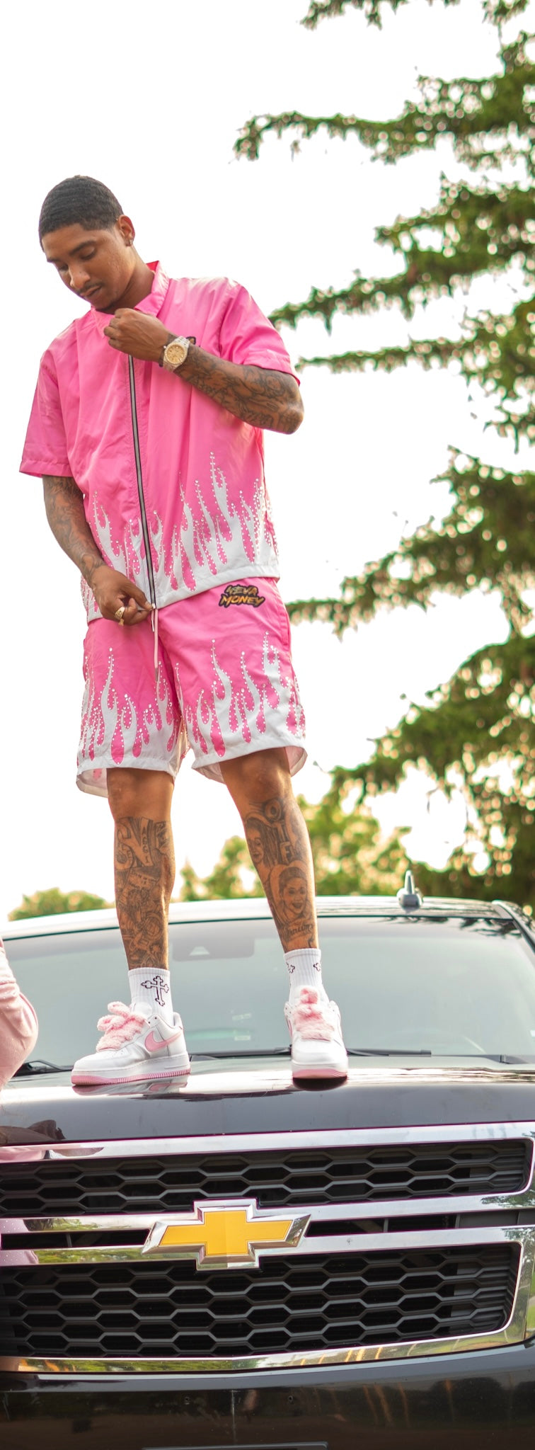 4EvaMoney Pink Rhinestone Flame Shorts Only Available