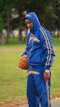 4EvaMoney Royal Blue Rhinestone Windbreaker Hoodie + Pants