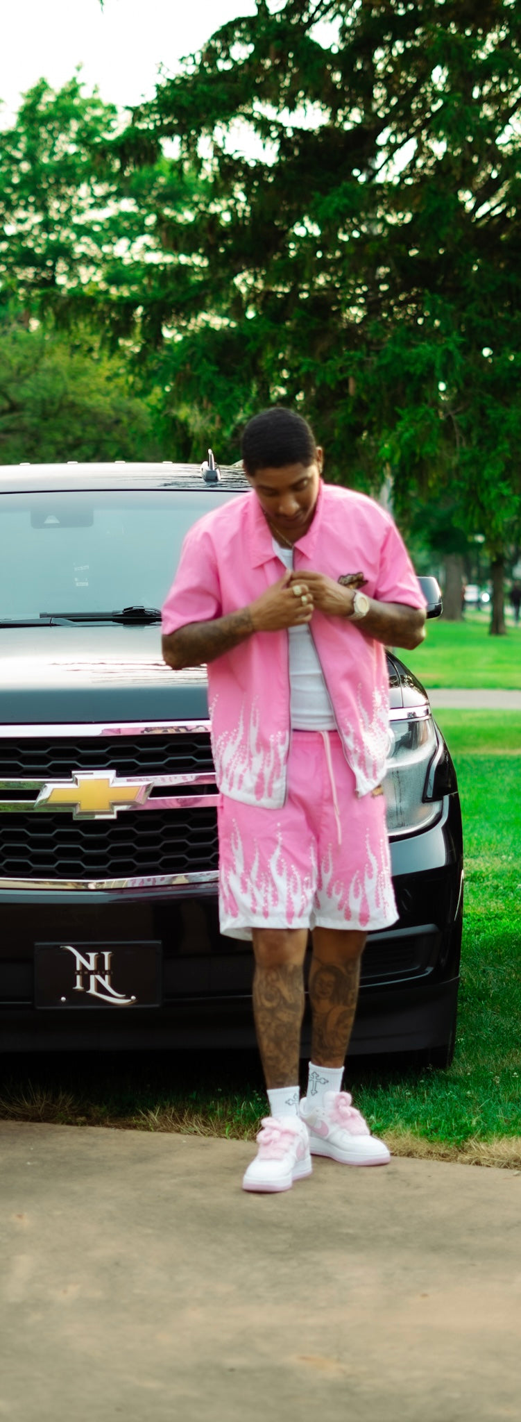 4EvaMoney Pink Rhinestone Flame Shorts Only Available