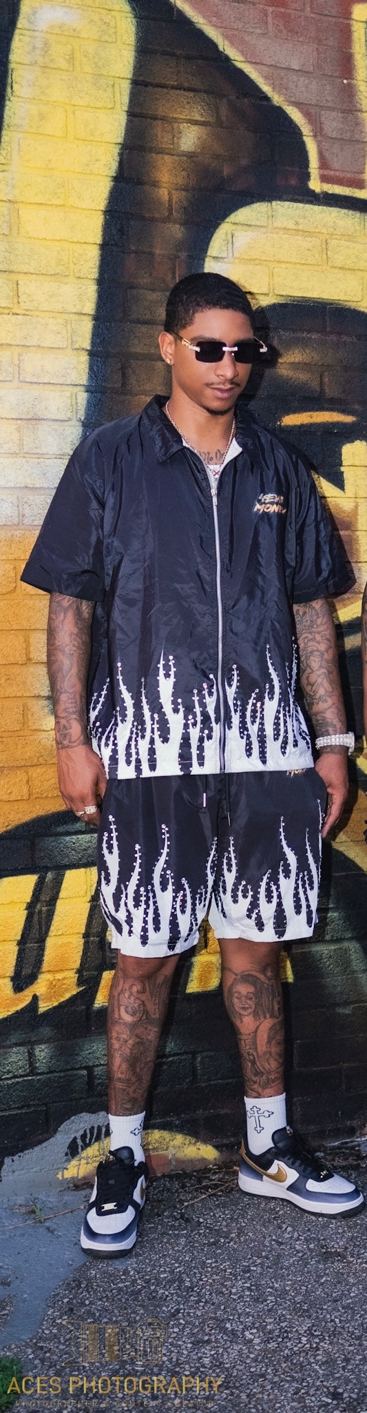 4EvaMoney Black Rhinestone Flame 2 Piece Set