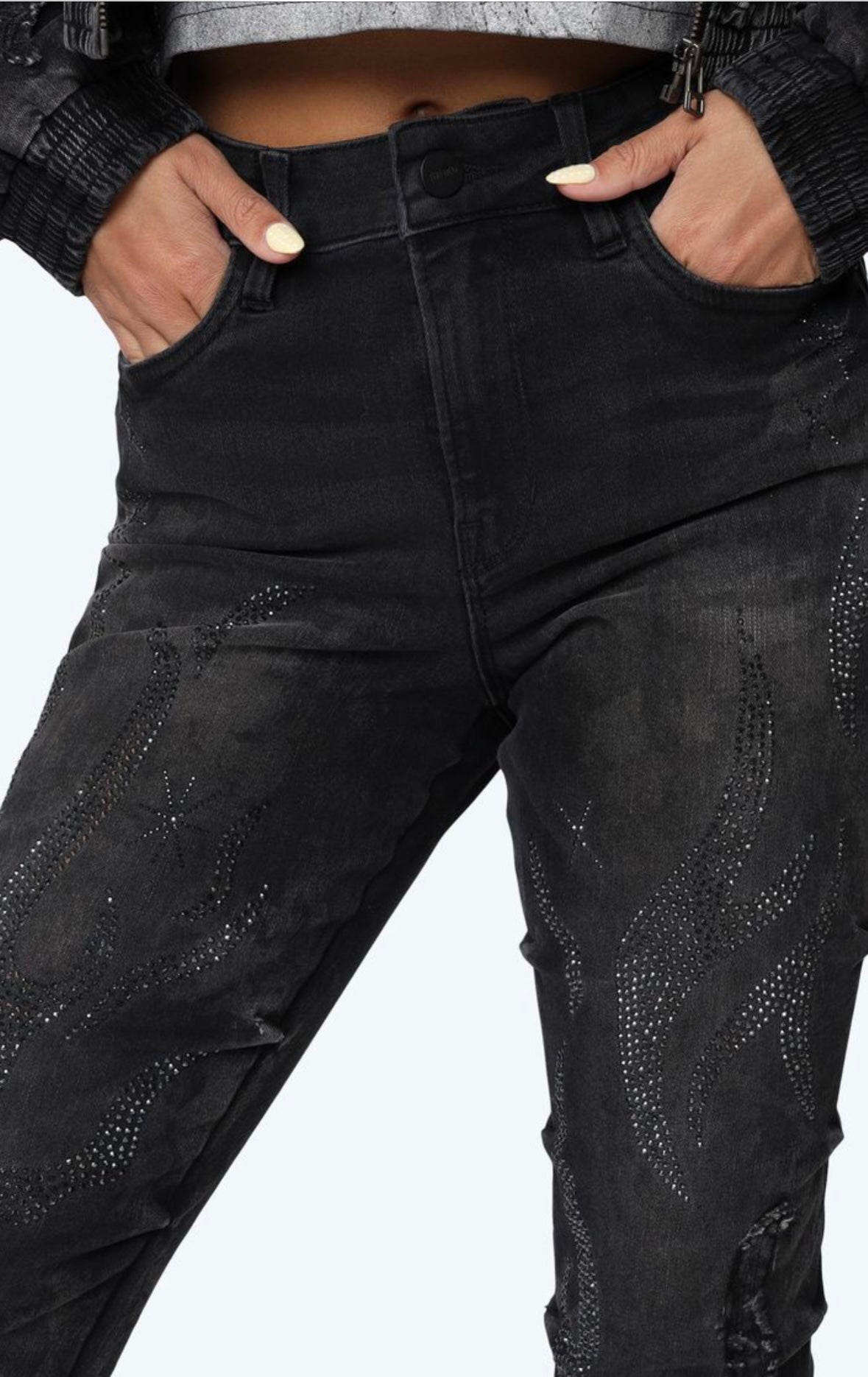 Flame Rhinestone Stacked Jeans