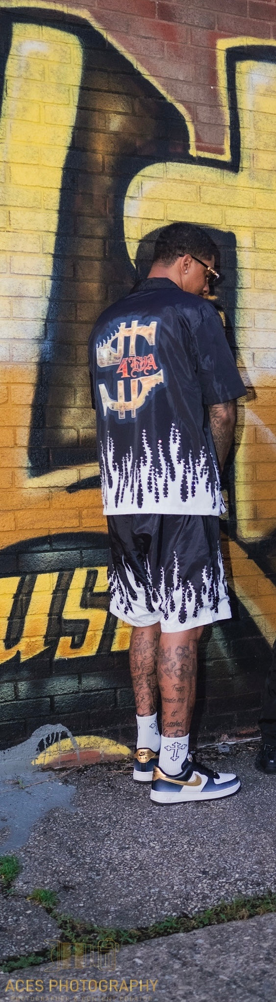 4EvaMoney Black Rhinestone Flame 2 Piece Set