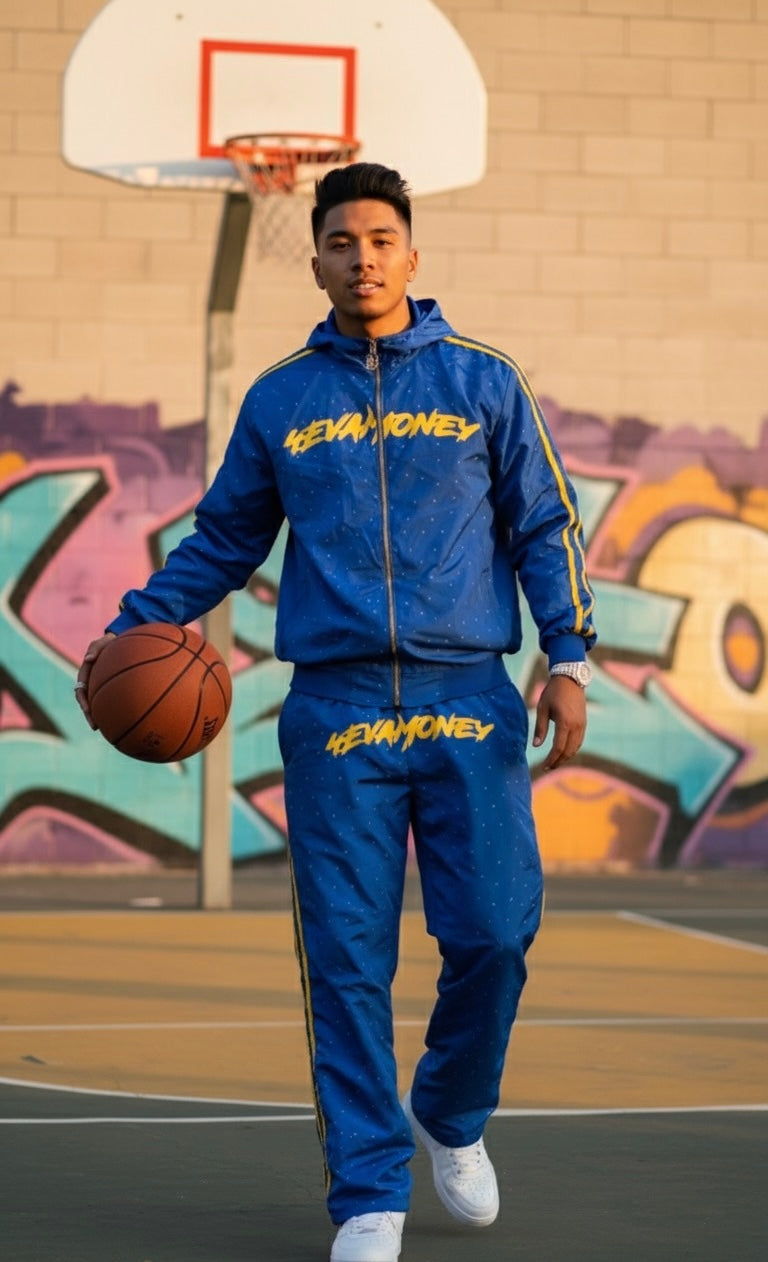 4EvaMoney Royal Blue Rhinestone Windbreaker Hoodie + Pants