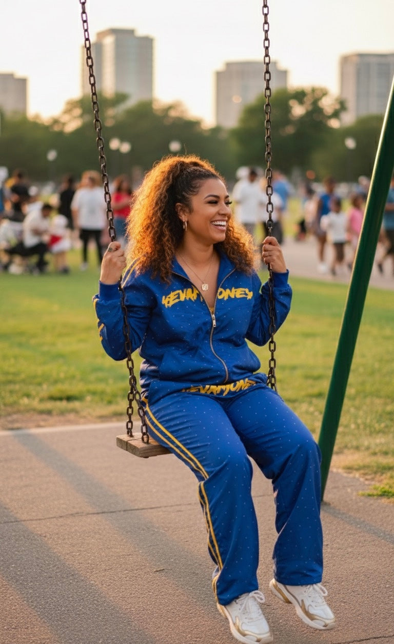 4EvaMoney Royal Blue Rhinestone Windbreaker Hoodie + Pants